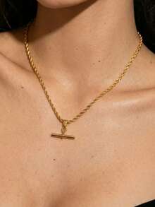 1 pieza Collar colgante de cadena en forma de T de acero inoxidable para mujeres, cadena de clavícula minimalista de lujo, uso versátil diario - Dorado - Ver 6