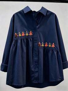 Versatile Women's Long-Sleeved Solid-Color Shirt With Embroidery, For Spring - Navy Blue - View 1