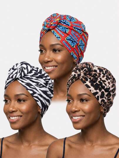 3pcs Women's African Style Snail Turban Headwraps, Hair Care Caps For Daily Use