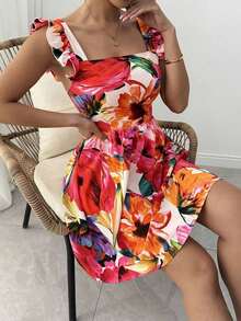 Vestido con mangas cortas de estilo boho con estampado aleatorio para vacaciones y atuendo de playa - Multicolor - Ver 3