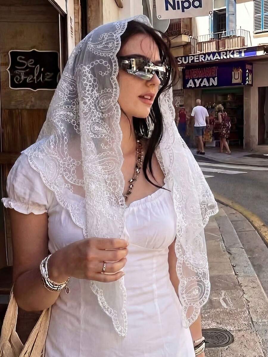1件装女士优雅白色佩斯利花纹镂空头巾,奢华波西米亚风头巾/披肩,适合日常佩戴、婚礼、教堂礼拜、正式场合 - 白色Paisley - 查看 1