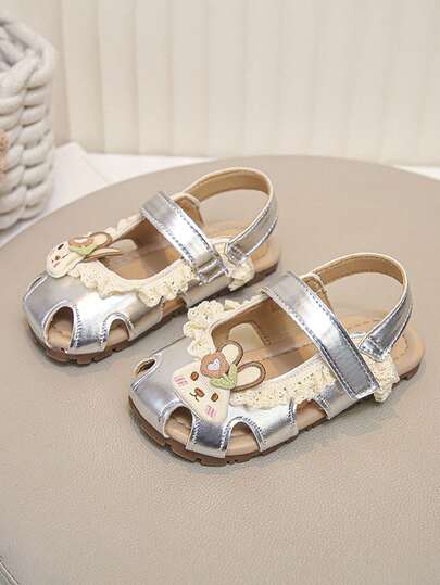 1 Pair Girls' Silver Lace Rabbit Closed-Toe Hook & Loop Sandals, Soft Girl Style, Suitable For Small & Medium Children Spring/Summer Daily Wear