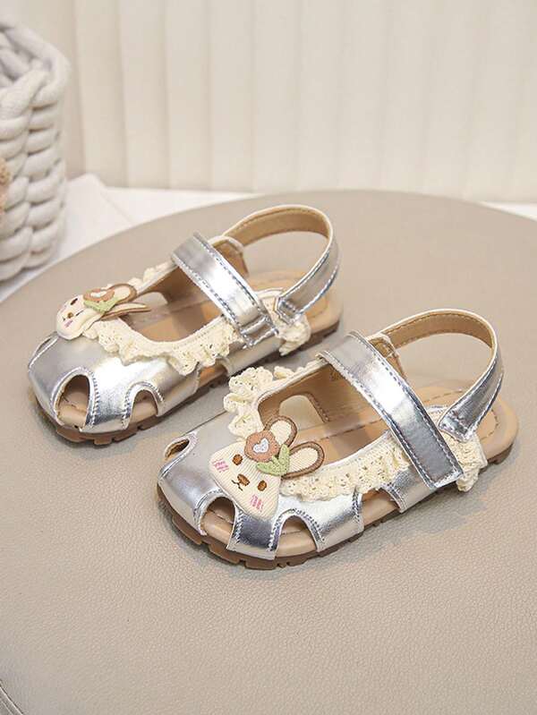 1 Pair Girls' Silver Lace Rabbit Closed-Toe Hook & Loop Sandals, Soft Girl Style, Suitable For Small & Medium Children Spring/Summer Daily Wear