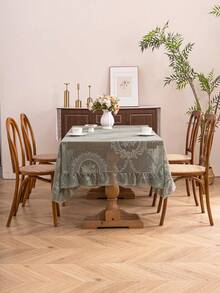 1pc French Elegant Floral Lace Trim Tablecloth, Countryside Fresh Decor - Green - View 3