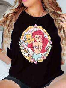 Ariel And Flounder Cartoon Print Disney Women T Shirt Round Neck Short Sleeve Casual Summer Wear For Everyday And Holiday Soft Comfortable 220g - màu đen - Xem 1