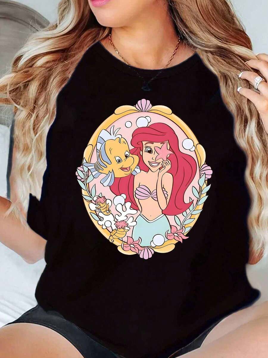 Ariel And Flounder Cartoon Print Disney Women T Shirt Round Neck Short Sleeve Casual Summer Wear For Everyday And Holiday Soft Comfortable 220g - màu đen - Xem 1