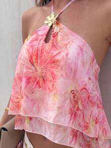 Débardeur à fines bretelles sexy pour femmes, col avec boucle métallique, panneau avant ajouré, ourlet superposé. Gilet de soirée, printemps/été - Rose bonbon - Voir 8