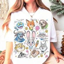Disney 1PC Licensed "Hand-Drawn Sketch Style Zootopia Full Characters With Signatures" Cartoon Printed Oversized Disney 100% Cotton T-Shirt - White - View 1