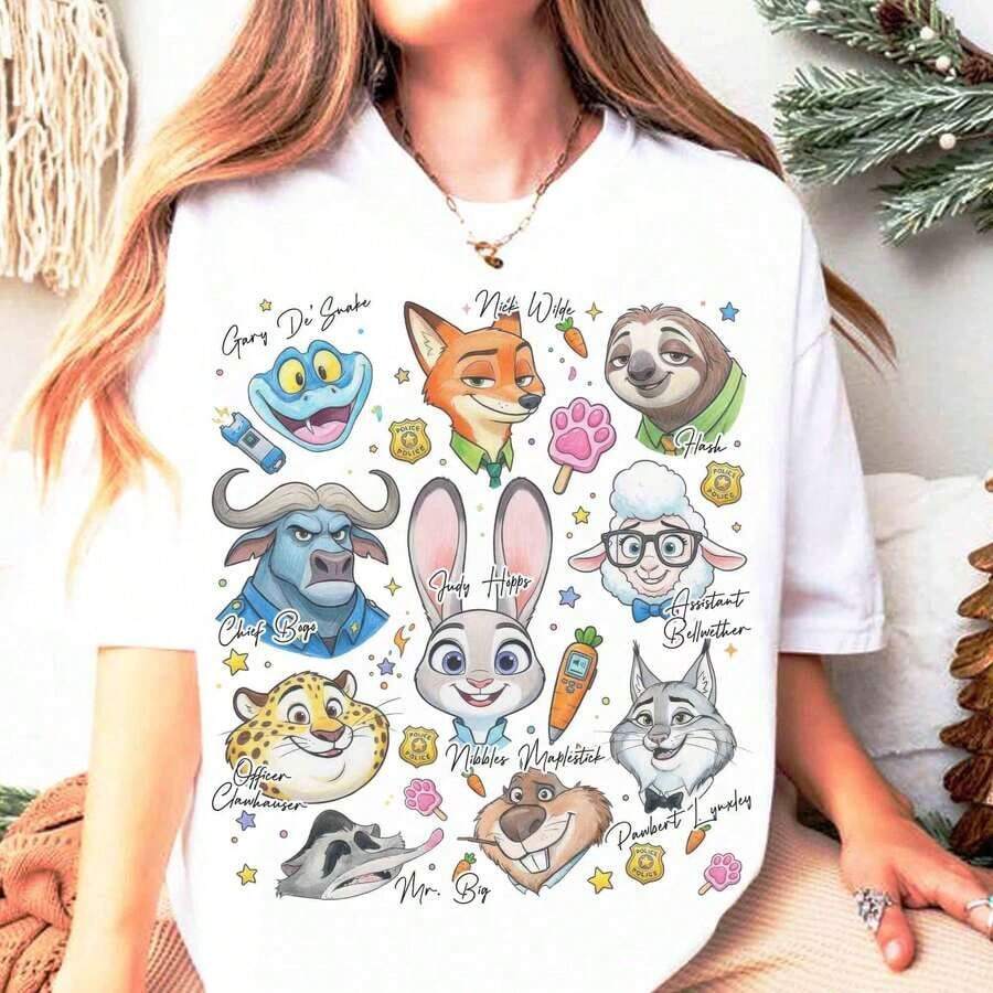 Disney 1PC Licensed "Hand-Drawn Sketch Style Zootopia Full Characters With Signatures" Cartoon Printed Oversized Disney 100% Cotton T-Shirt - White - View 1