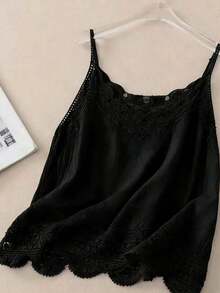 Camiseta de verano de mujer con diseño vintage, casual y holgada, de unicolor, con bordados y encaje calado - Negro - Ver 5
