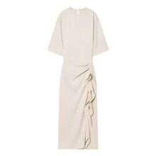 Vestido Midi de Verano para Mujer, Nuevo Estilo, Cuello Redondo, Plisado, Manga Corta, Cintura Ajustada, Casual,, con Cierre Lateral y Botones, Color Sólido - Albaricoque - Ver 4