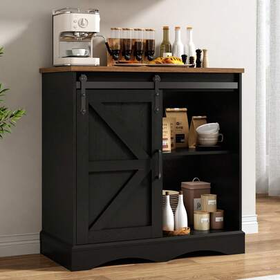 31.5" H Farmhouse Coffee Bar Cabinet W/Storage, Kitchen Coffee Station With Sliding Barn Door, Rustic Buffet Cabinet With Adjustable Shelves, For Kitchen, Living Room