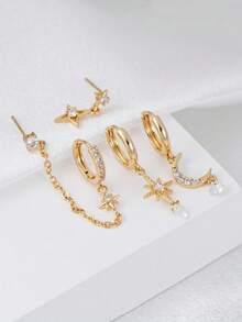 4pcs Cubic Zirconia Earring Set, Star & Moon Chain Clip-On Stud Dangle Earrings, Suitable For Women's Daily, Date, Party Wear - Yellow Gold - View 3