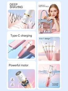 ALUSHEE 4-In-1 Electric Lady Shaver, Painless & Skin-Friendly Razor, Suitable For Bikini Line, Underarms, Face & Body, IPX7 Waterproof For Wet & Dry Use, Supports Type-C Fast Charging, Applicable For Full Body, Battery Capacity: 400mAh - View 6