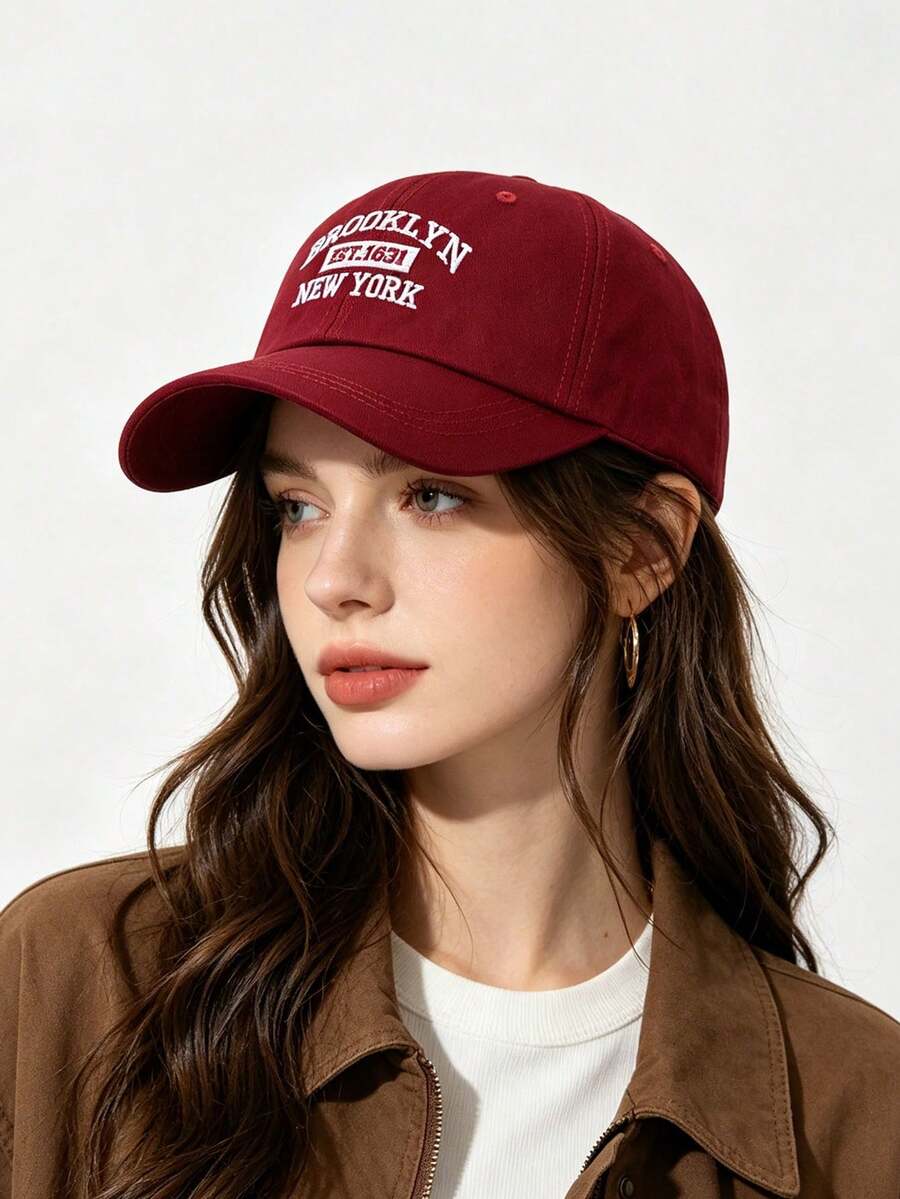 1 pieza Gorra de béisbol de ala ancha de color vino tinto, versátil y de moda para protección solar