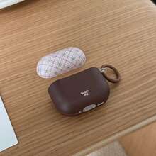 復古柔和棕色與粉色拼色格紋耳機保護殼套組，附掛環，相容 Apple 5/Pro 2/Pro 3/Pro/4/3/2，時尚女款耳機殼，極簡創意設計保護套 - 棕色 - 查看 3