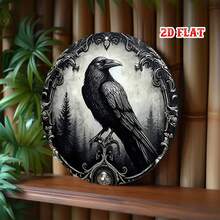 2D Flat Design - 1pc Black Round Metal Plaque, 2D Flat Design, Raven Pattern. This 7.8X7.8 Inch Gothic Style Metal Tin Plate Has A Mysterious Wall Decor Function, Suitable For Home, Garage, Dining Area Or Cafe - A - View 6