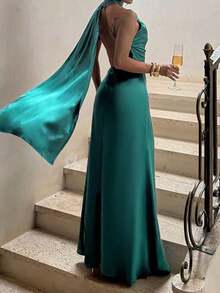 Elegante vestido de punto de una pieza en color sólido con espalda descubierta.Perfecto para fiestas, bodas y citas nocturnas de verano - amarillo ganso - Ver 4