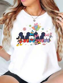 Mickey Mouse And Minnie Mouse Cartoon Characters With Balloons And Flowers Print Disney Women T Shirt Round Neck Short Sleeve Casual Daily Wear Summer Holiday Soft Comfortable 220g - trắng - Xem 1