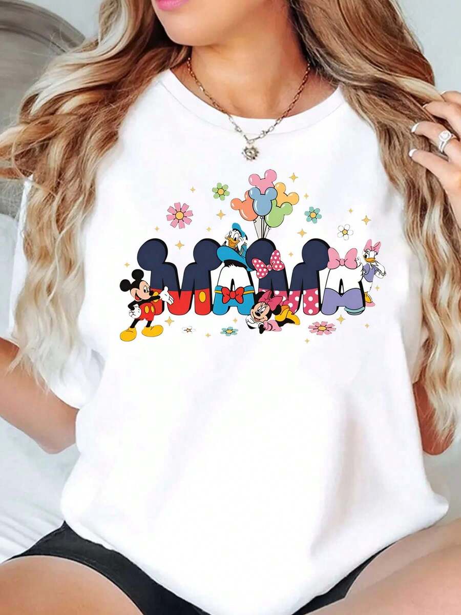 Mickey Mouse And Minnie Mouse Cartoon Characters With Balloons And Flowers Print Disney Women T Shirt Round Neck Short Sleeve Casual Daily Wear Summer Holiday Soft Comfortable 220g - trắng - Xem 1