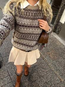 Plus Size Women's Vintage Fair Isle Pattern Sweater, Round Neck Long Sleeve Loose Fit, Casual Retro Autumn/Winter - Grey - View 7