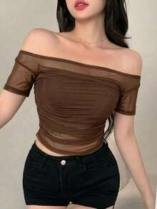 Blusa de malla elástica transparente con hombros descubiertos para mujer, para primavera/verano, ropa de vuelta al colegio, blusas de manga larga para mujer para salir - Marrón 3 - Ver 5