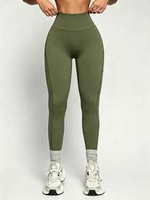 Pantalones de yoga de cintura alta con doble bolsillo, levantamiento y adelgazamiento, mallas de fitness, pantalones ajustados para exteriores, deportes de primavera - Verde militar - Ver 6