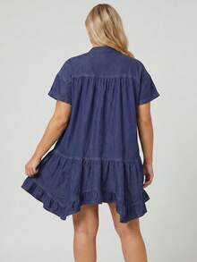 Women's  Plus Size Denim Dresses Fashion Short Sleeve V Neck Solid Color A Line Summer Swing Dress - Azul - Ver 6