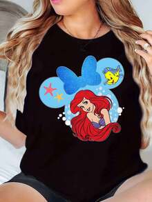 Disney Camiseta de mujer con estampado de Ariel y Flounder en forma de Mickey Mouse, cuello redondo, manga corta, uso casual de verano para uso diario y atuendos de parque temático, suave y cómoda de 220g - Negro - Ver 1
