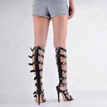 2026 Women Back Zip Knee High Gladiator Sandals, Buckle Belt Strap Wrap Heel Summer Shoes - Black - View 5