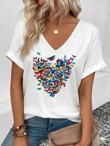 Camiseta casual y versátil para primavera/verano con cuello en V, puños acampanados y estampado degradado en forma de corazón - Multicolor 2 - Ver 1