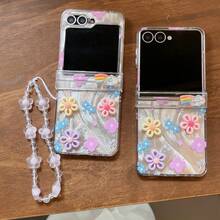 Custodia pieghevole per telefono con texture a piuma e fiori 3D con catena, adatta per Samsung Galaxy Z Flip3 5G/Galaxy Z Flip 4 5G/Galaxy Z Flip 5 5G/Galaxy Z Flip 6 5G/Galaxy Z Flip 7 5G, nuova custodia pieghevole artistica per telefono - Multicolore - Visualizzare 4