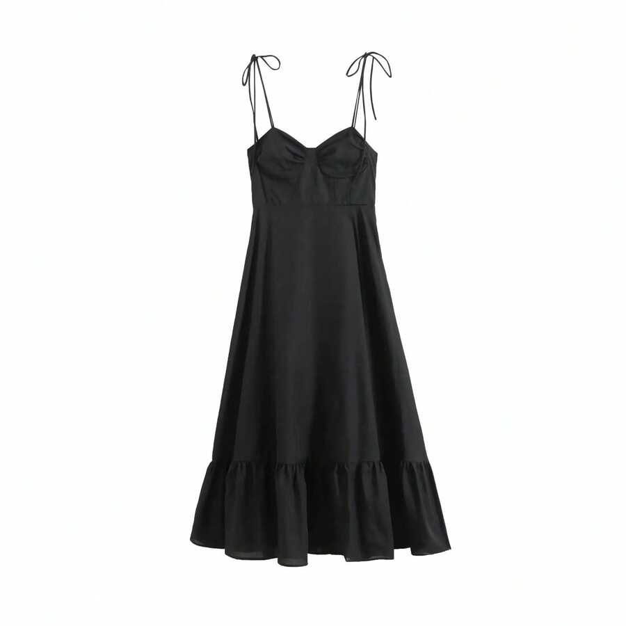 Vestido largo sin mangas con hombros descubiertos para mujer, ropa de calle larga informal sexi de Color sólido para de vacaciones, vestido de playa - Negro - Ver 1