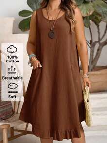 EMERY Vestido de verano casual de talla para mujer, de color verde militar sólido, sin mangas, con volantes en el bajo y parches de encaje en la espalda - Marrón - Ver 9