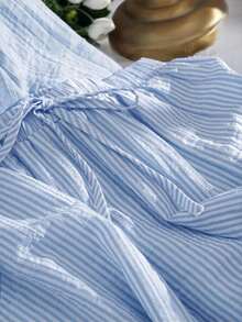 Conjunto de camisa y pantalones cortos a rayas azules y blancas para mujer, conjunto informal y holgado para vacaciones de verano - Azul y blanco - Ver 3