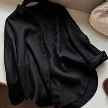 Fashion Women's Clothing Camisa blanca casual de mujer con botones delanteros y bajo curvo para primavera - Negro01 - Ver 1