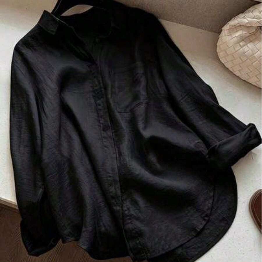 Fashion Women's Clothing Camisa blanca casual de mujer con botones delanteros y bajo curvo para primavera - Negro01 - Ver 1