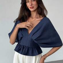 Fashion Women's Clothing  Blusa de mujer de unicolor con cuello en V, volantes y pliegues de moda, para otoño, para mujeres, para maestras, para negocios casuales. Azul marino, cuello en V, hombros caídos, cintura ceñida, pliegues fijos, estilizadora, elegante para oficina y uso diario. - Amarillo claro - Ver 4