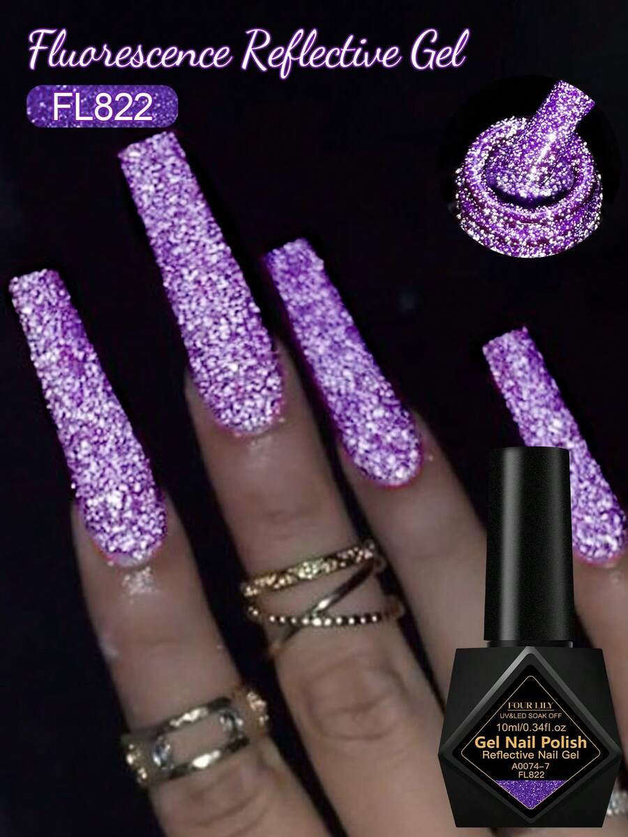 FOUR LILY 1 Bottle Purple Fluorescent Reflective Glitter Gel Nail Polish, 10ml Fluorescent Color Sparkling Sequin Dark Laser Gel Nail Polish, Suitable For Summer Nails, Semi-Permanent Soak-Off UV Gel Nail Polish, DIY Nail Art For Home And Nail Salon - 紫色 - 查看 1