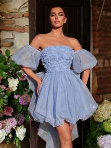 Faeriesty Elegant Fashion Puff Sleeve Graduation Dress With Large Bow Tie And Floral Decor | Luxury Party Wedding Gown - 淺藍色 - 查看 3