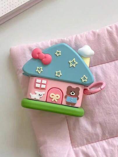 1pc Cute 3D Cartoon House Silicone AirPodCase, Compatible With AirPod1/2/3/4/Pro/Pro 2/3, Shockproof Protective Cover With Keychain