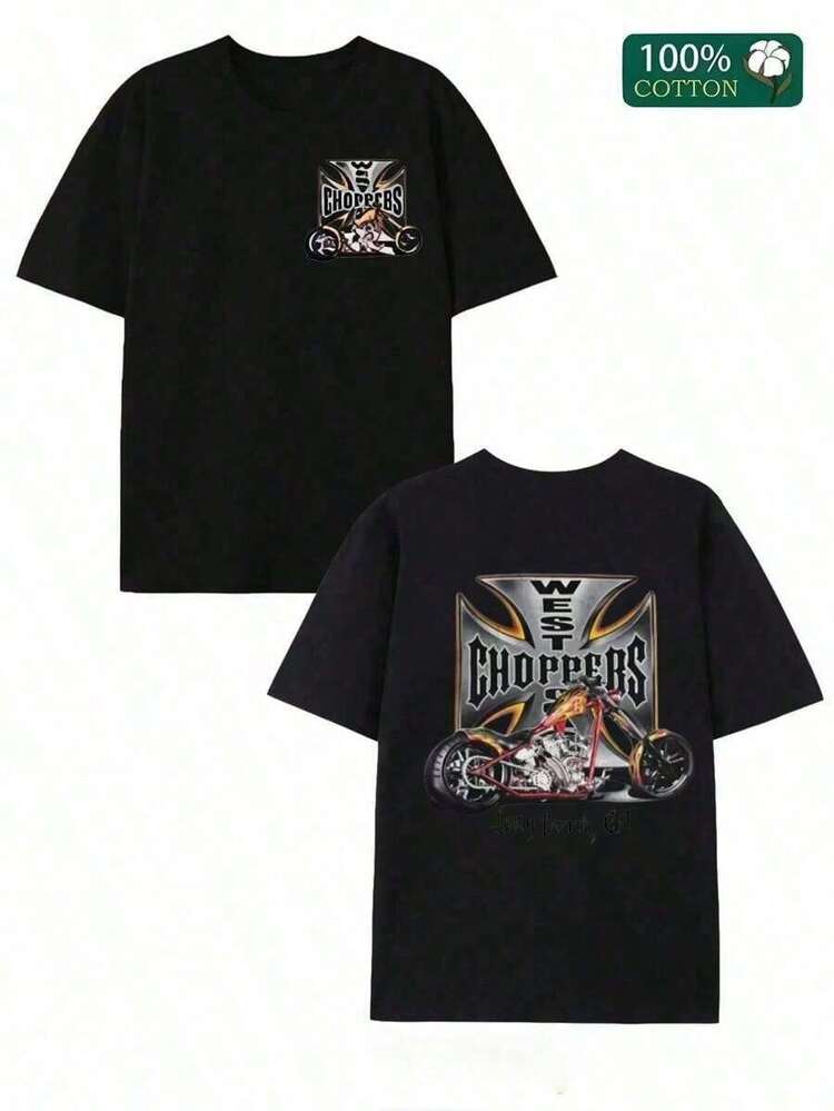 Unisex Short-Sleeved T-Shirt, Black, 180% Cotton, 180 G/M², With Double-Sided Digital Print Of The West Choppers Brand And Cross Graphic Design. AWYF - Beige - View 12