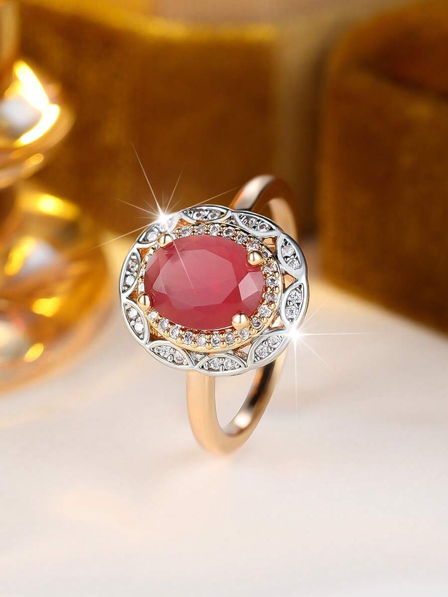 1pc Exquisite Elegant Cubic Zirconia Egg-Shaped Women's Ring Set, Perfect As Wedding Ring, Engagement Ring Or Valentine's Day Gift - Golden Yellow Red - View 1