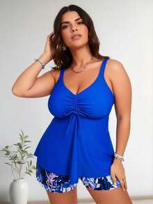 2026 New Women's Plus Size Blue Tankini Swimsuit, Drawstring V-Neck Two Piece Bathing Suit With Shorts - 藍色 - 查看 3