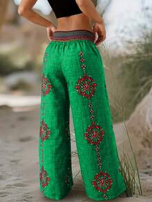 Plus Size - Plus Size - New Spring/Autumn Design Niche High Waist Retro Loose Casual Pants With Random Print Wide Leg - Green - View 3
