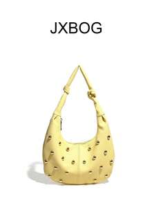 Tas Minimalis Warna Kuning Bentuk Bulan Sabit, Tas Komuter dengan Dekorasi Rivet Emas, Tas Bahu dengan Tali Simpul Rivet Emas, Tas Selempang Kulit Lembut Warna Kuning untuk Perjalanan Sehari-hari - Kuning - View 8