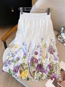 High-Waisted Elastic Skirt With Embroidered Lace And Water-Soluble Print - 紫色 - 查看 2