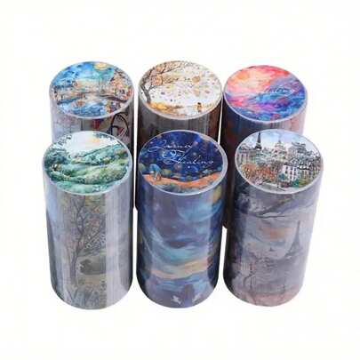 6 Large Size Landscaping Tapes Sunset, Starry Sky, Town, Character, Pastoral, Oasis Theme Retro Style Washi Paper Material Self-Adhesive DIY Priming Decoration Scrapbooking Material Tape