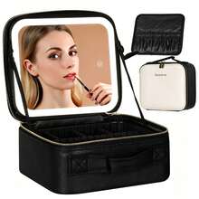 Behaesty Portable Makeup Bag With 3-Color LED Light Detachable Mirror 2000mAh USB Rechargeable Waterproof PU Leather Organizer Compact Travel Cosmetic Pouch Vanity Purse Zip Summervibes - 黑與白 - 查看 1
