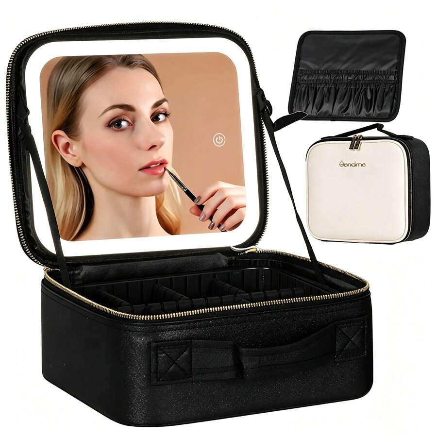 Behaesty Portable Makeup Bag With 3-Color LED Light Detachable Mirror 2000mAh USB Rechargeable Waterproof PU Leather Organizer Compact Travel Cosmetic Pouch Vanity Purse Zip Summervibes - 黑與白 - 查看 1